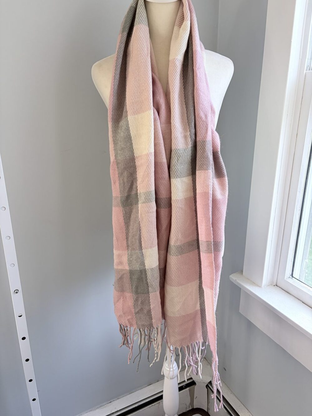 Blush Pink Gray Cream Plaid Fringe Blanket Scarf